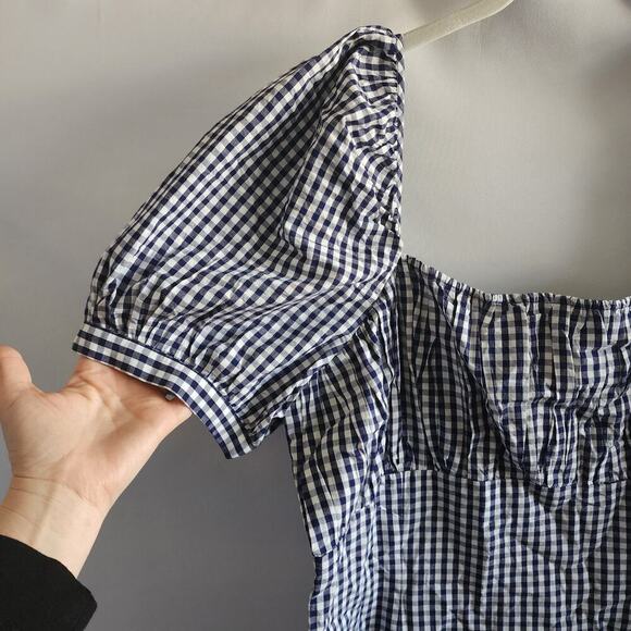 Anthropologie Forever That Girl Dress Women L Blue Gingham Mini Cottage Milkmaid - Picture 4 of 9